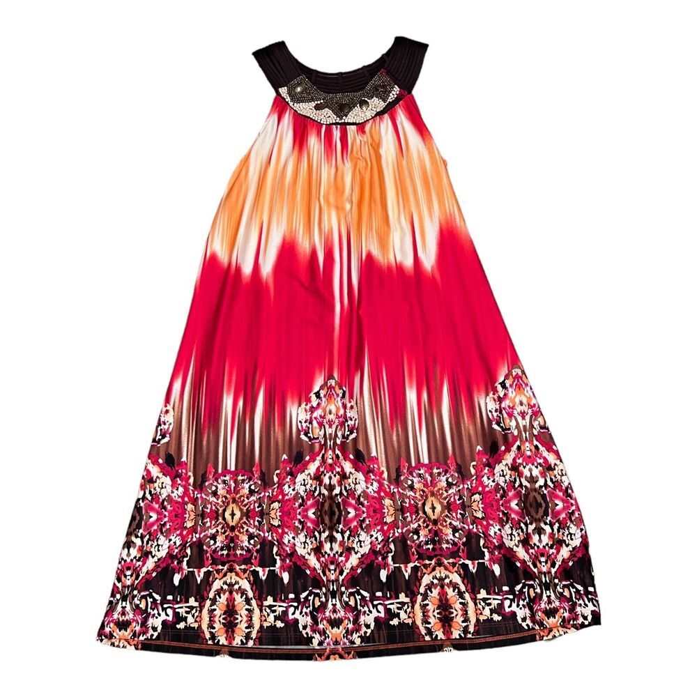 New Directions Women's PL Sleeveless Dress‎ Orange Red Brown Bead Accent
